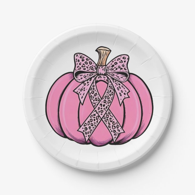 Pink Ribbon Pumpkin Face Halloween Breast Cancer  Paper Plates (Front)