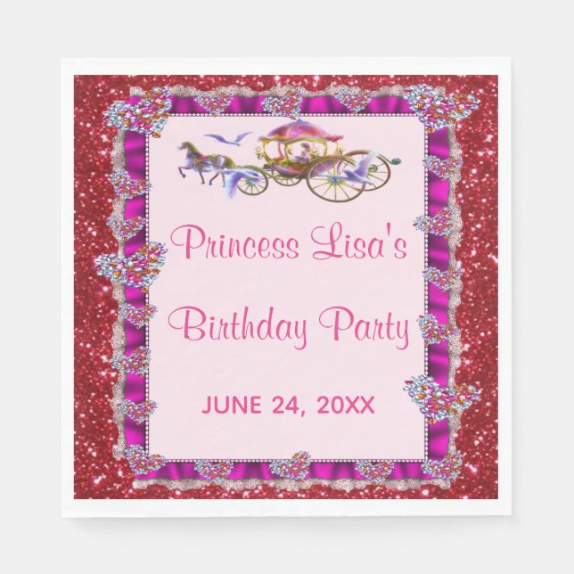 Pink Ribbon Red Glitter Royal Princess Birthday Napkins (Front)
