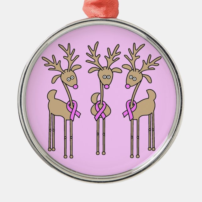 Pink Ribbon Reindeer - Breast Cancer Metal Ornament (Front)