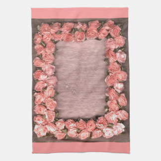 Pink Ribbon Roses And Leaves Satin Fabric Photo Fr Kitchen Towel