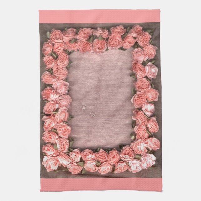 Pink Ribbon Roses And Leaves Satin Fabric Photo Fr Kitchen Towel (Vertical)