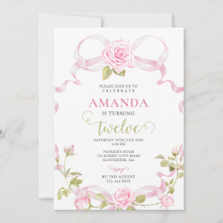 Pink Ribbon Roses Sweet 12th Birthday Invitation