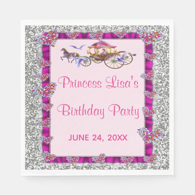 Pink Ribbon Silver Glitter Royal Princess Birthday Napkins (Front)