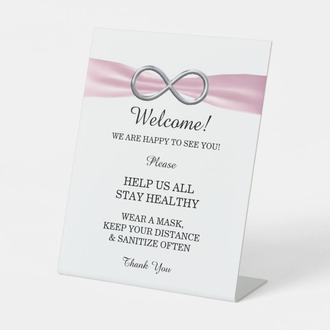 Pink Ribbon Silver Infinity Wedding Safety  Pedestal Sign (Front)