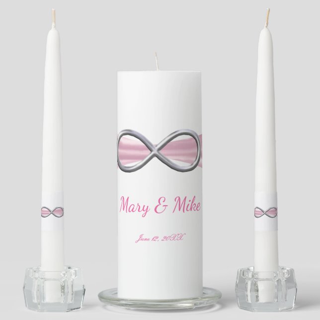 Pink Ribbon Silver Infinity Wedding Unity Candle Set (Front)