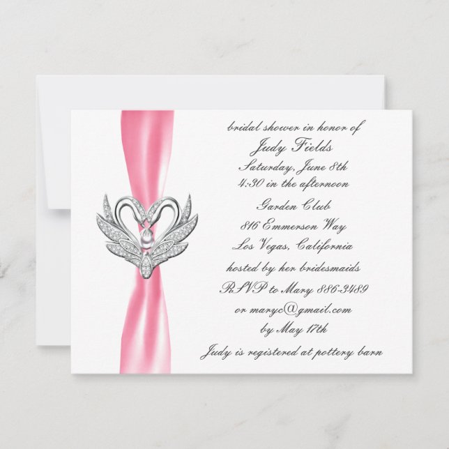 Pink Ribbon Silver Swans Bridal Shower Invitation (Front)