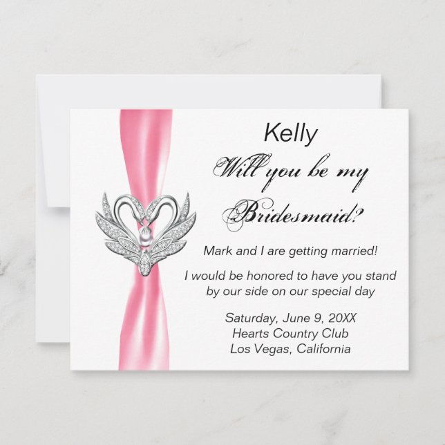 Pink Ribbon Silver Swans Bridesmaid Card (Front)