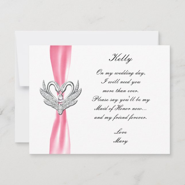 Pink Ribbon Silver Swans Maid Of Honor Card (Front)