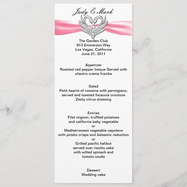 Pink Ribbon Silver Swans Menu Card (Front)