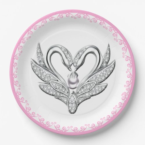 Pink Ribbon Silver Swans Paper Plate
