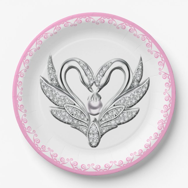 Pink Ribbon Silver Swans Paper Plate (Front)