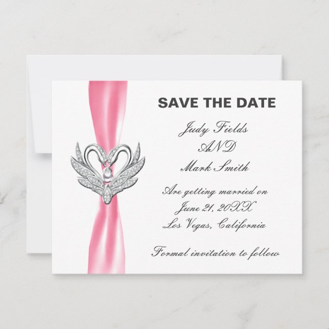 Pink Ribbon Silver Swans Save The Date Card (Front)