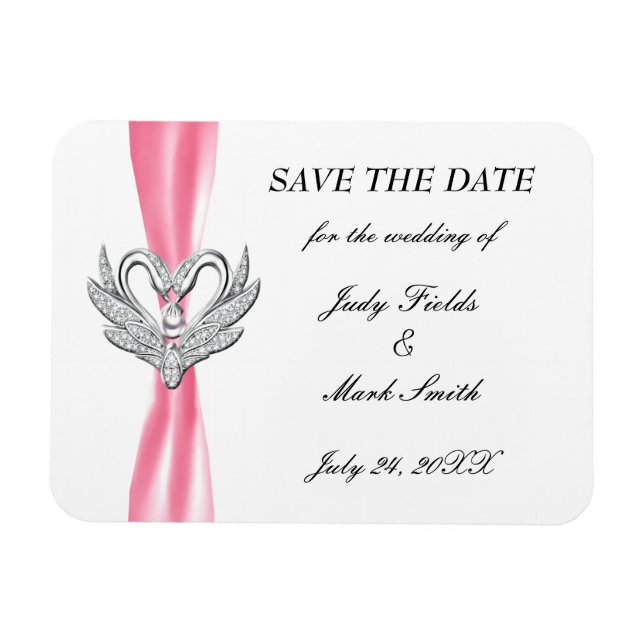 Pink Ribbon Silver Swans Save The Date Magnet (Horizontal)
