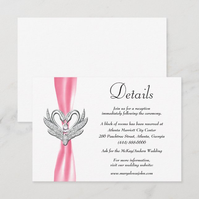 Pink Ribbon Silver Swans Wedding Details Enclosure Card (Front/Back)