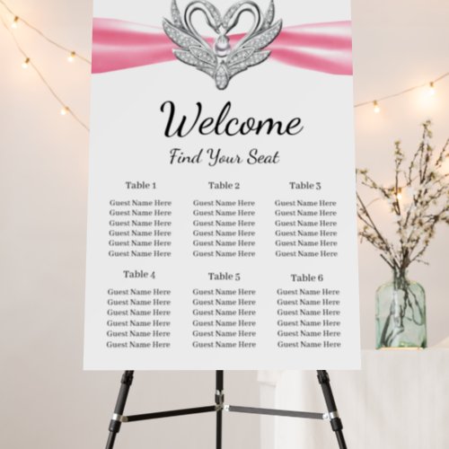 Pink Ribbon Silver Swans Wedding Seating Chart Foam Board