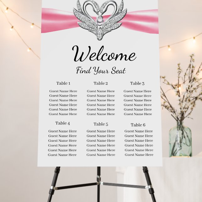 Pink Ribbon Silver Swans Wedding Seating Chart Foam Board (In Situ (Stand))