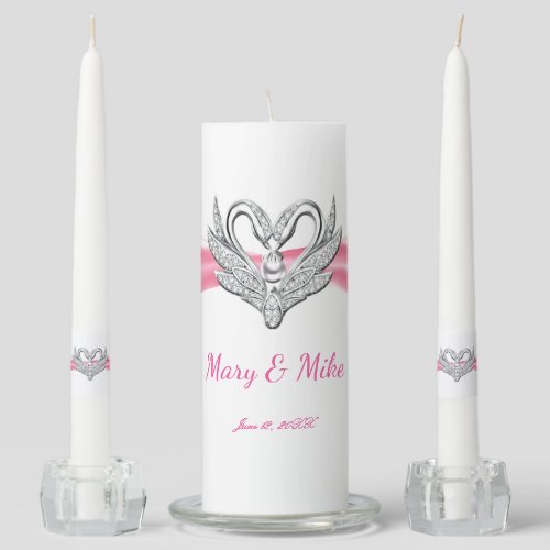 Pink Ribbon Silver Swans Wedding Unity Candle Set