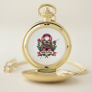 Pink Ribbon Sloth Support Vintage Awareness Art Pocket Watch