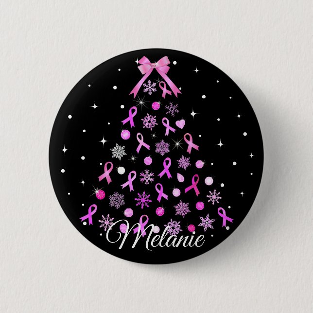 Pink Ribbon Snowflake Christmas Tree Button (Front)