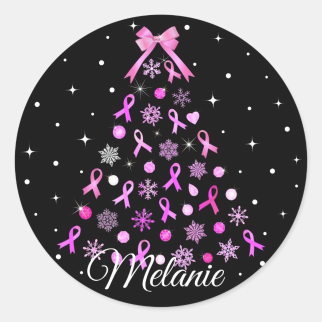 Pink Ribbon Snowflake Christmas Tree Classic Round Sticker (Front)