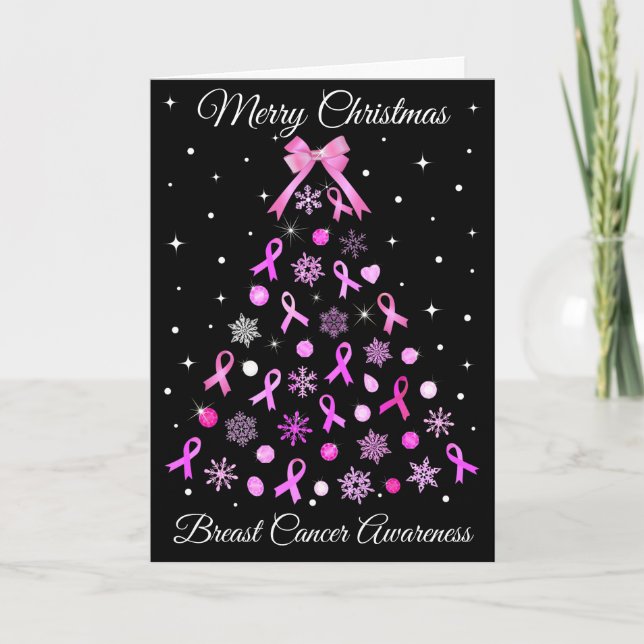 Pink Ribbon Snowflake Christmas Tree Holiday Card (Front)