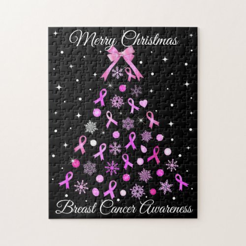 Pink Ribbon Snowflake Christmas Tree Jigsaw Puzzle