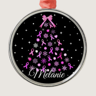 Pink Ribbon Snowflake Christmas Tree Metal Ornament