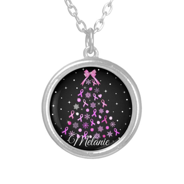 Pink Ribbon Snowflake Christmas Tree Silver Plated Necklace (Front)