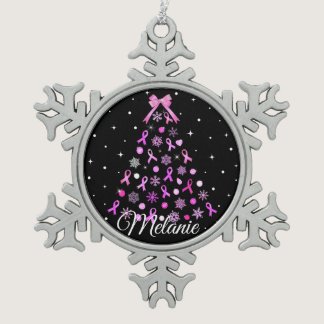 Pink Ribbon Snowflake Christmas Tree Snowflake Pewter Christmas Ornament