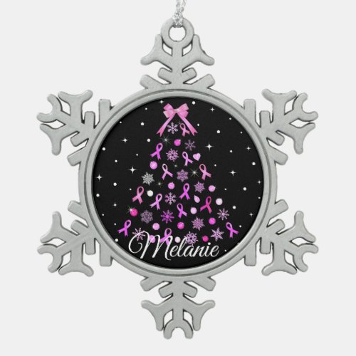 Pink Ribbon Snowflake Christmas Tree Snowflake Pewter Christmas Ornament