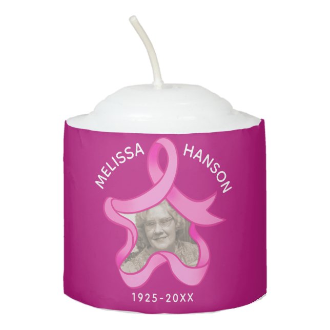 Pink ribbon star memory photo custom name votive candle (Front)