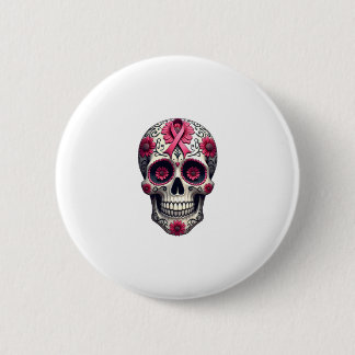 Pink Ribbon Sugar Skull Calavera Breast Cancer Awa Button