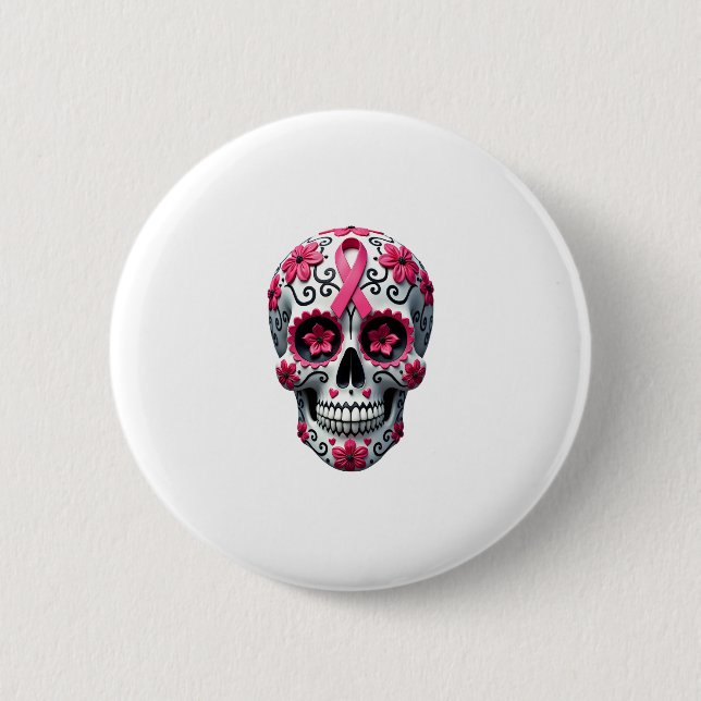 Pink Ribbon Sugar Skull Calavera Breast Cancer Awa Button (Front)