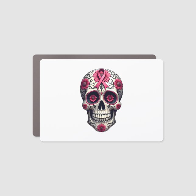 Pink Ribbon Sugar Skull Calavera Breast Cancer Awa Car Magnet (Front)