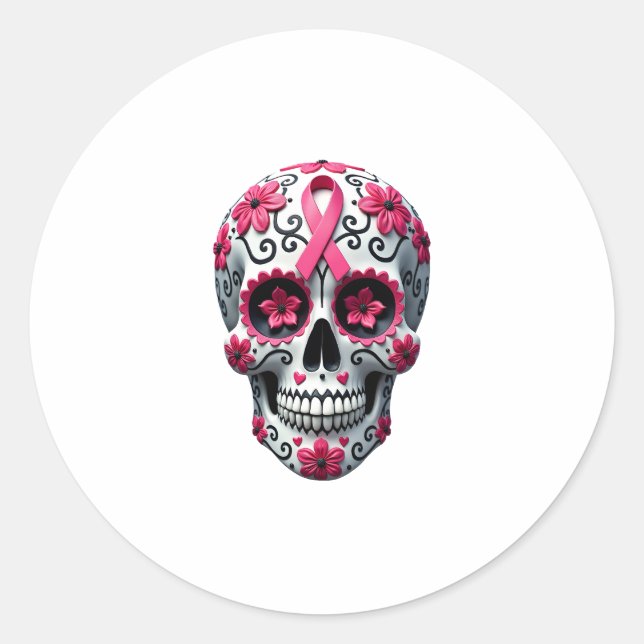Pink Ribbon Sugar Skull Calavera Breast Cancer Awa Classic Round Sticker (Front)