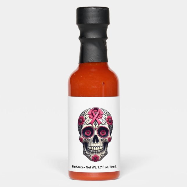 Pink Ribbon Sugar Skull Calavera Breast Cancer Awa Hot Sauces (Front)
