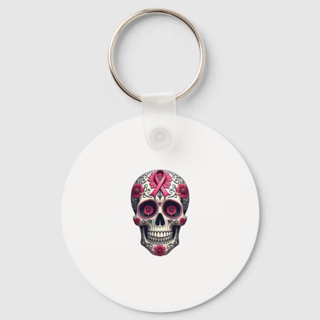Pink Ribbon Sugar Skull Calavera Breast Cancer Awa Keychain (Front)
