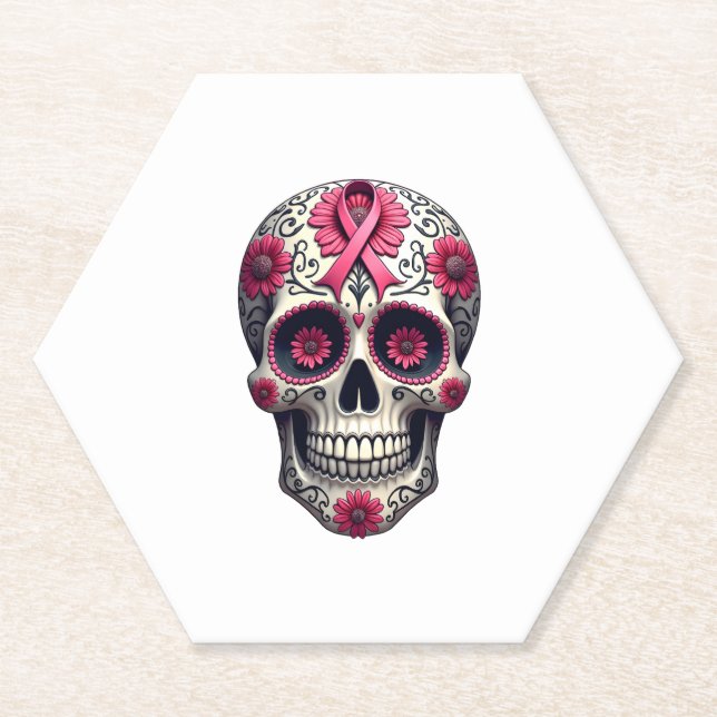 Pink Ribbon Sugar Skull Calavera Breast Cancer Awa Paper Coaster (Front)