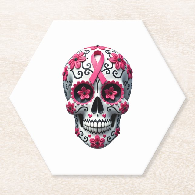 Pink Ribbon Sugar Skull Calavera Breast Cancer Awa Paper Coaster (Front)