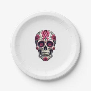 Pink Ribbon Sugar Skull Calavera Breast Cancer Awa Paper Plates