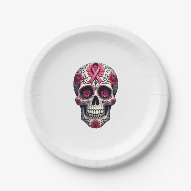 Pink Ribbon Sugar Skull Calavera Breast Cancer Awa Paper Plates (Front)