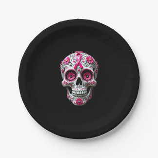 Pink Ribbon Sugar Skull Calavera Breast Cancer Awa Paper Plates