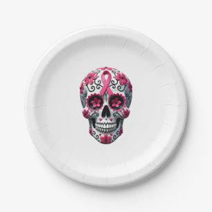 Pink Ribbon Sugar Skull Calavera Breast Cancer Awa Paper Plates