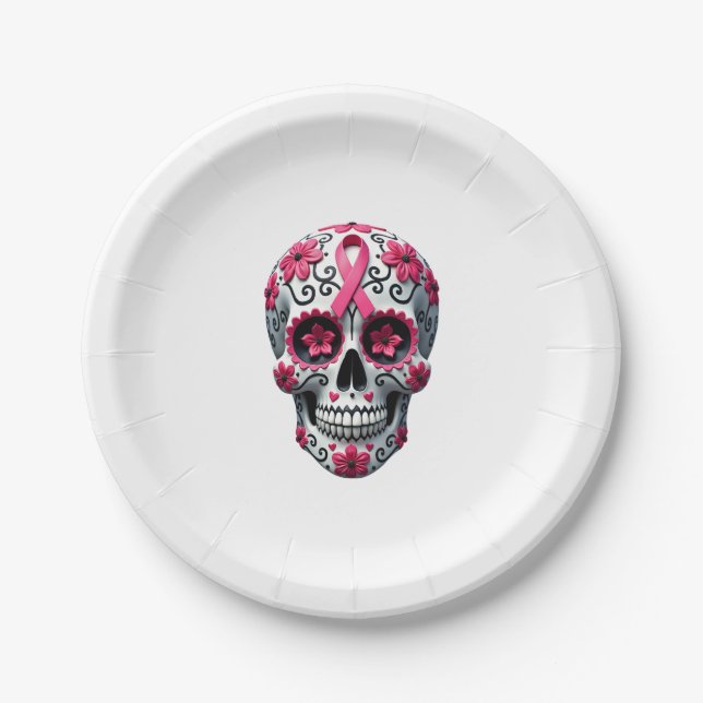 Pink Ribbon Sugar Skull Calavera Breast Cancer Awa Paper Plates (Front)