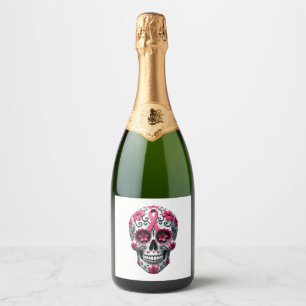 Pink Ribbon Sugar Skull Calavera Breast Cancer Awa Sparkling Wine Label