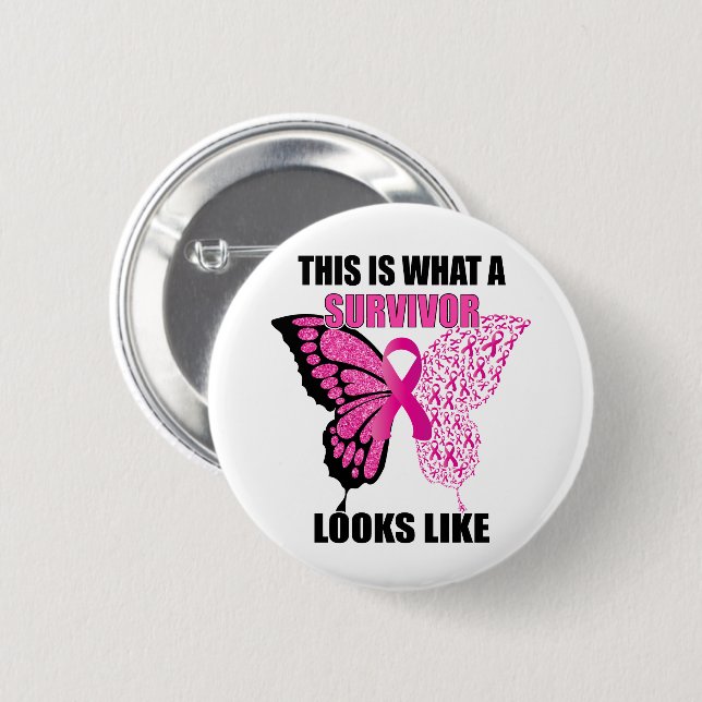 Pink Ribbon Survivor Butterfly Breast Cancer Button (Front & Back)