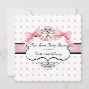 Pink Ribbon Twin Girls French Bow Dot Swirl Invitation