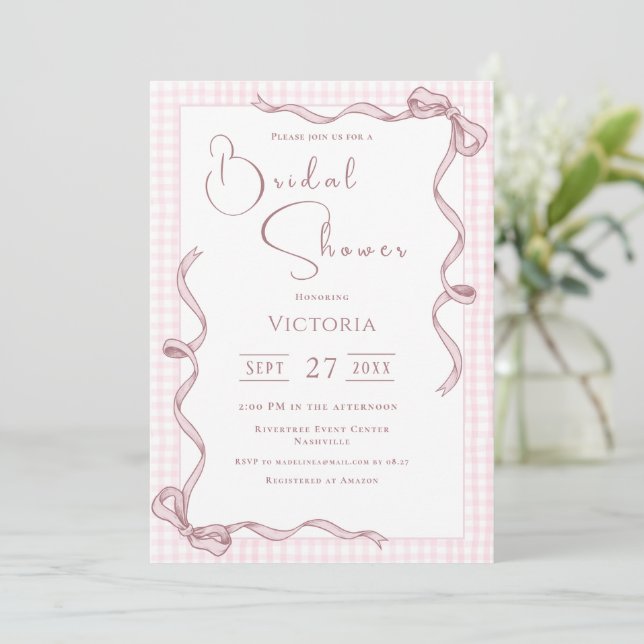 Pink Ribbon Vintage Bridal Shower Invitation (Standing Front)