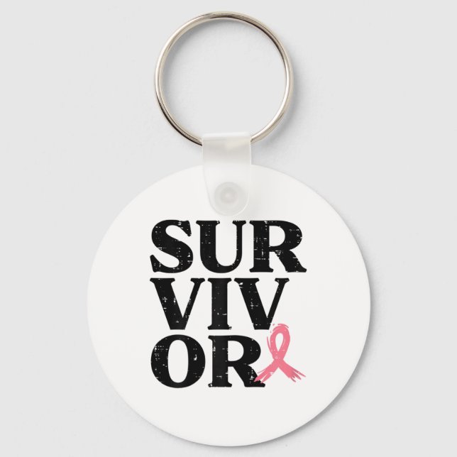 Pink Ribbon Warrior Breast Cancer Awareness Women  Keychain (Front)