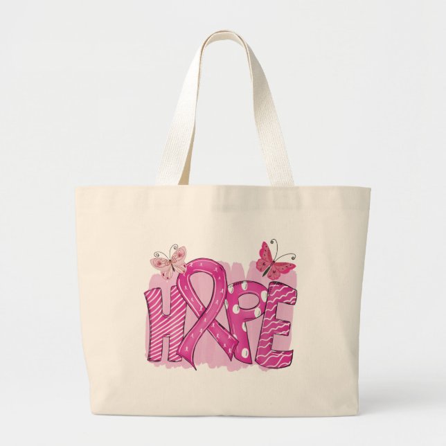 Pink Ribbon Warrior Survivor Fighter Breast Cancer Large Tote Bag (Front)